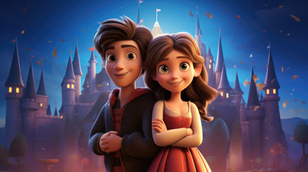 Girl and boy travelers in 3d cartoonの素材