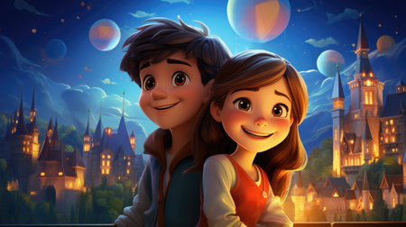 Girl and boy travelers in 3d cartoon Fantasy Worldの素材
