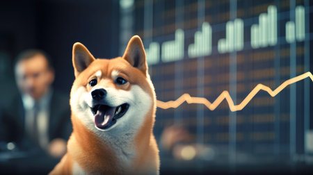 Doge-themed Shiba Inu with cryptocurrency charts, symbolizing financeの素材