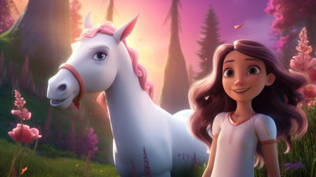Girl with a magic horse in 3D cartoon fairy taleの素材