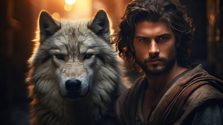 Illustration of fantasy character, ideal for novel book cover man, wolf, werewolf forestの素材