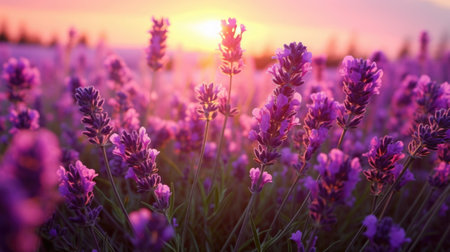 Lavender Grows In Field, Selling Flowers For Essential Oil sunsetの素材