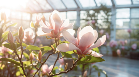 Flowers magnolia in a greenhouse, modern business and private entrepreneurship, a gift for a holiday sunの素材