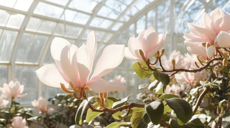 Flowers magnolia in a greenhouse, modern business and private entrepreneurship, a gift for a holiday Close Upの素材