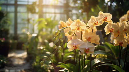Flowers orchid in a greenhouse, modern business and private entrepreneurship, a gift for a holiday Orangeの素材
