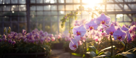 Flowers orchid in a greenhouse, modern business and private entrepreneurship, a gift for a holiday bannerの素材