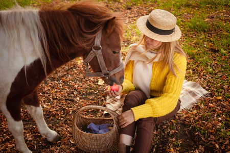 Beautiful portrait, woman and pony, spotted horse, in autumn forest, pleasant colors, background. concept of love, tenderness, friendship. eats an appleの写真素材