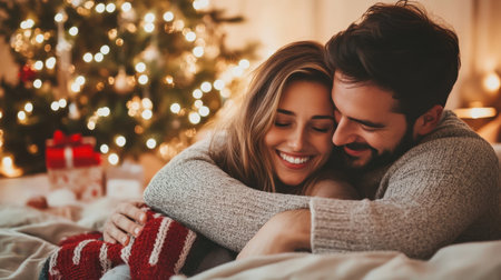 Romantic couple hugging on bed near decorated christmas tree and giftsの素材