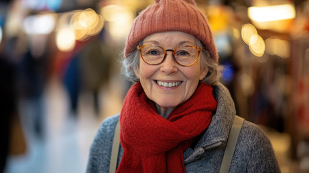 Portrait of a cheerful senior woman enjoying Christmas market, wearing warm winter clothes and smilingの素材