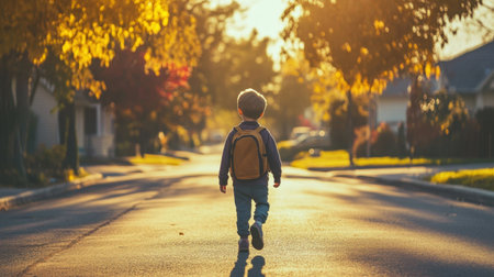 Little boy with backpack walking down the street at sunset returning home from preschool on a beautiful autumn dayの素材
