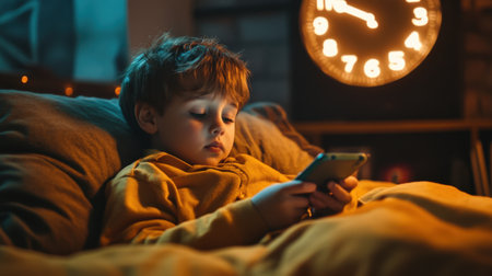 Child using smartphone in bed at night, highlighting the impact of technology on modern childhood and sleep habitsの素材