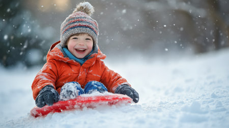 Little boy laughing while sledding downhill on a red sled in a snowy winter wonderlandの素材