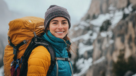 Happy hiker woman wearing yellow jacket and backpack enjoying snowy mountain view during winter travelの素材