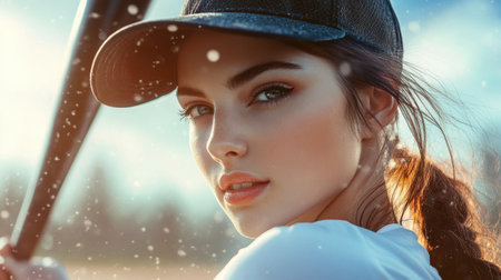 Concentrated female baseball player holding bat and wearing cap watching game on sunny dayの素材