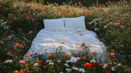 Comfortable bed placed in colorful wildflower meadow invites to relax and enjoy natureの素材
