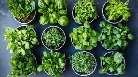 Fresh herbs and vegetables thriving in pots, captured from aboveの素材