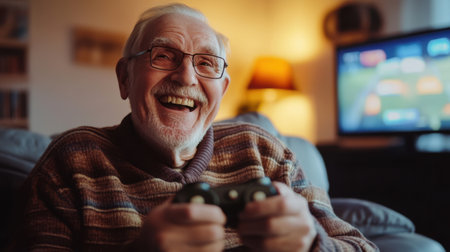 Cheerful elderly man laughing while playing video games at home, enjoying his retirementの素材