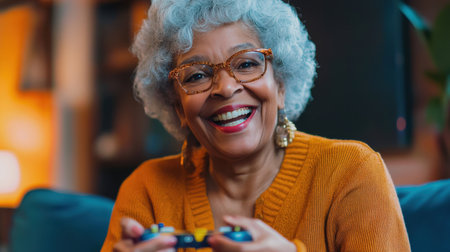 Cheerful elderly woman enjoying her free time playing video games, holding a controller and laughingの素材