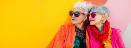 Two fashionable senior women wearing colorful clothes and sunglasses are posing together on a vibrant multi-colored backgroundの素材