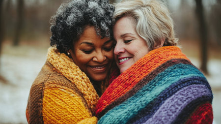 Two happy senior women are hugging and smiling, wrapped in colorful, warm knitted blankets on a cold winter day outdoorsの素材