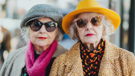 Two fashionable senior women are posing in an urban environment, showing their unique style and confidenceの素材