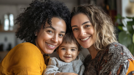 Two loving mothers are embracing their adorable child, creating a heartwarming scene of family bondingの素材