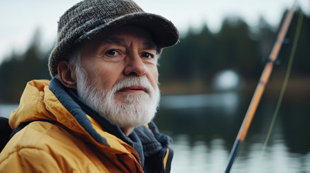 Portrait of a senior man fishing by a lake, enjoying the tranquility of natureの素材
