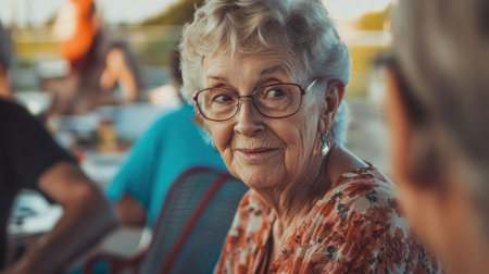 Elderly woman with glasses smiles during an outdoor conversation, showing happiness and connectionの素材