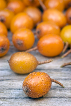  Sea buckthorn (Hippophae rhamnoides) barries on wooden table.の写真素材