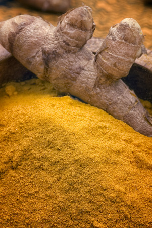 Turmeric (Curcuma longa) is a root of the tropical plant in the same family as ginger, native to India, and cultivated throughout the tropics around the world. The spice of an intense yellow color is an essential ingredient in many recipes oriental cookinの写真素材