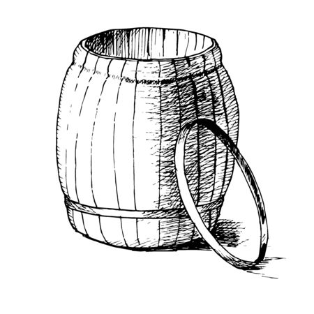 Black and white ink barrel illustration converted to vector. Wooden barrel in traditional graphics. Metal ring from the barrel. Wine and beer barrel.のイラスト素材