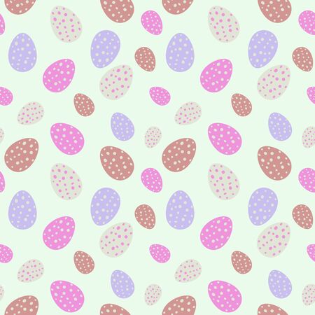 Pink, brown and violet easter eggs with dots on pastel green background seamless pattern. For fabric, textile, wrapping paperの写真素材