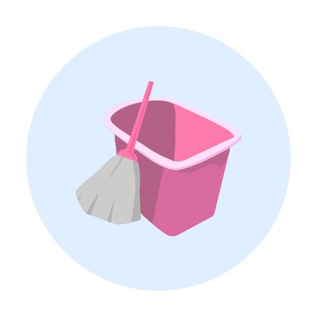 Vector cleaning icon. bucket and broom. Illustration of cleaning items in pink on a blue circle background. Cleanのイラスト素材