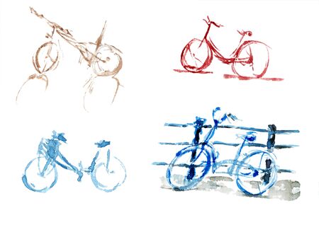 Watercolor set of bicycles in blue, red, brown colors. Watercolor Illustration isolated on white...