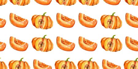 Seamless pattern for autumn textile, wrapping paper, fabric. cut pumpkin isolated illustration for halloween and Fall on white background. Watercolor hand painted orange pumpkins . Autumn harvest.の写真素材