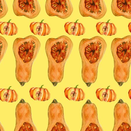 Seamless pattern for autumn textile, wrapping paper, fabric. cut pumpkin isolated illustration for halloween and Fall on yellow background. Watercolor hand painted orange pumpkins . Autumn harvestの写真素材