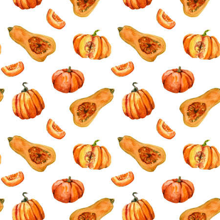 Seamless pattern with pumpkins for halloween and Fall on white background. Watercolor hand painted orange round and cut pumpkins. autumn textile, wrapping paper, fabricの写真素材