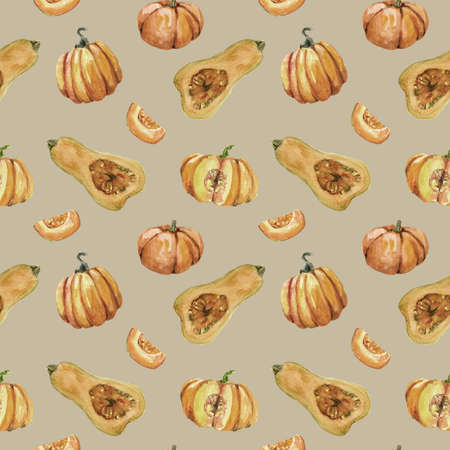 Seamless pattern with pumpkins for halloween and Fall on craft background. Watercolor hand painted round and cut pumpkins. autumn textile, wrapping paper, fabricの写真素材