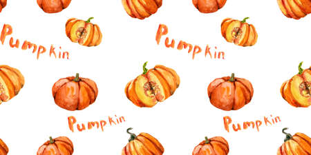 Seamless pattern with pumpkins and lettering for halloween and Fall on white background. Watercolor...