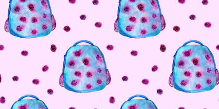 Blue backpack on pink background with roses. Seamless watercolor pattern for fabric, textile,...