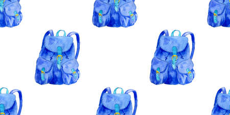 Blue backpack on white background. Seamless watercolor pattern for fabric, textile, wrapping paper. school time.の写真素材