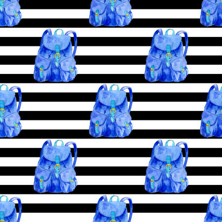 Blue backpack on black and white striped background. Seamless floral pattern for fabric, textile, wrapping paper. school timeの写真素材