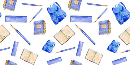 seamless pattern for school time pattern with illustration of rulers and pencils, notepads, backpacks in and lavender color on white background. Seamless watercolor pattern for fabric, textile, wrapping paper. school time.の写真素材