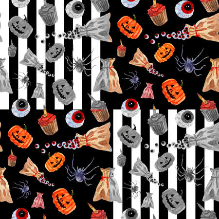 Halloween pumpkins, bag of herbs, cakes with finger and red eyes on black and black and white striped background. pumpkin with scary smile. Seamless watercolor pattern for fabric, textile, wrapping paper.の写真素材