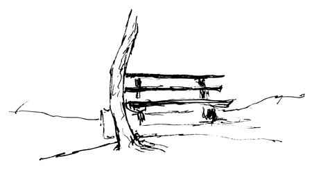 tree trunk and bench near it Modern vector illustration. Beautiful fall season landscape. Black and whiteのイラスト素材