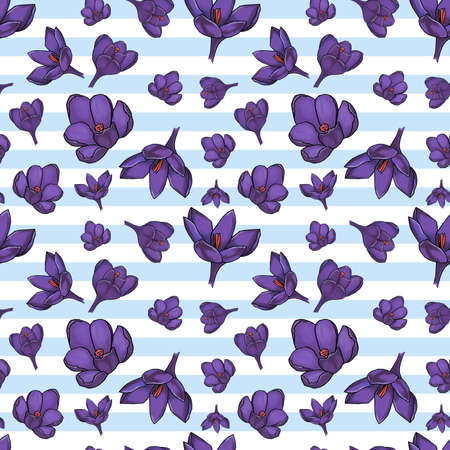 Seamless pattern with crocus illustration on white background, great design for any purposes. Greeting minimalistic card design. Art element. Summer, spring background. textile and fabric.の写真素材