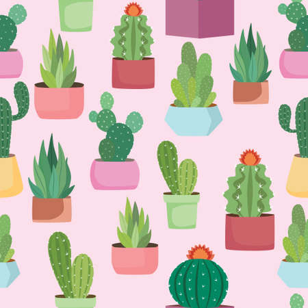 Cactus with pots vector seamless pattern. Trendy tropical design for textile, fabric, print, packaging, backdrop, wallpaper. Surface pattern design.のイラスト素材