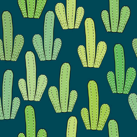 Colorful cactus plant green vector seamless pattern. Elegant fabric on dark background Surface...