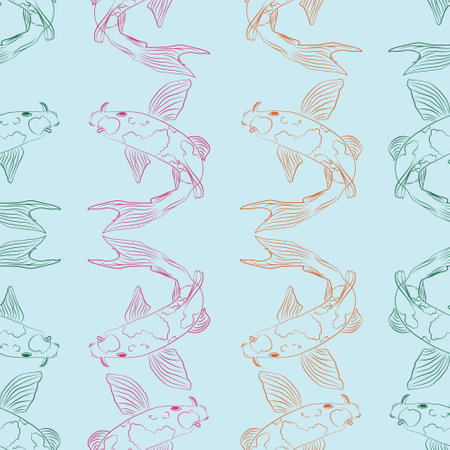 Colorful fish line art vector seamless repeating pattern design. For wallpaper, background,  fabric, textile print,  backdrop, packaging or wrapping. Surface pattern designのイラスト素材