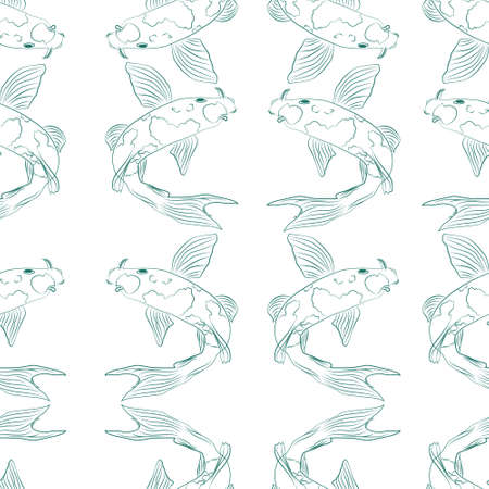 Blue fish line art vector seamless repeating pattern design. For wallpaper, background, fabric, textile print, backdrop, packaging or wrapping. Surface pattern designのイラスト素材